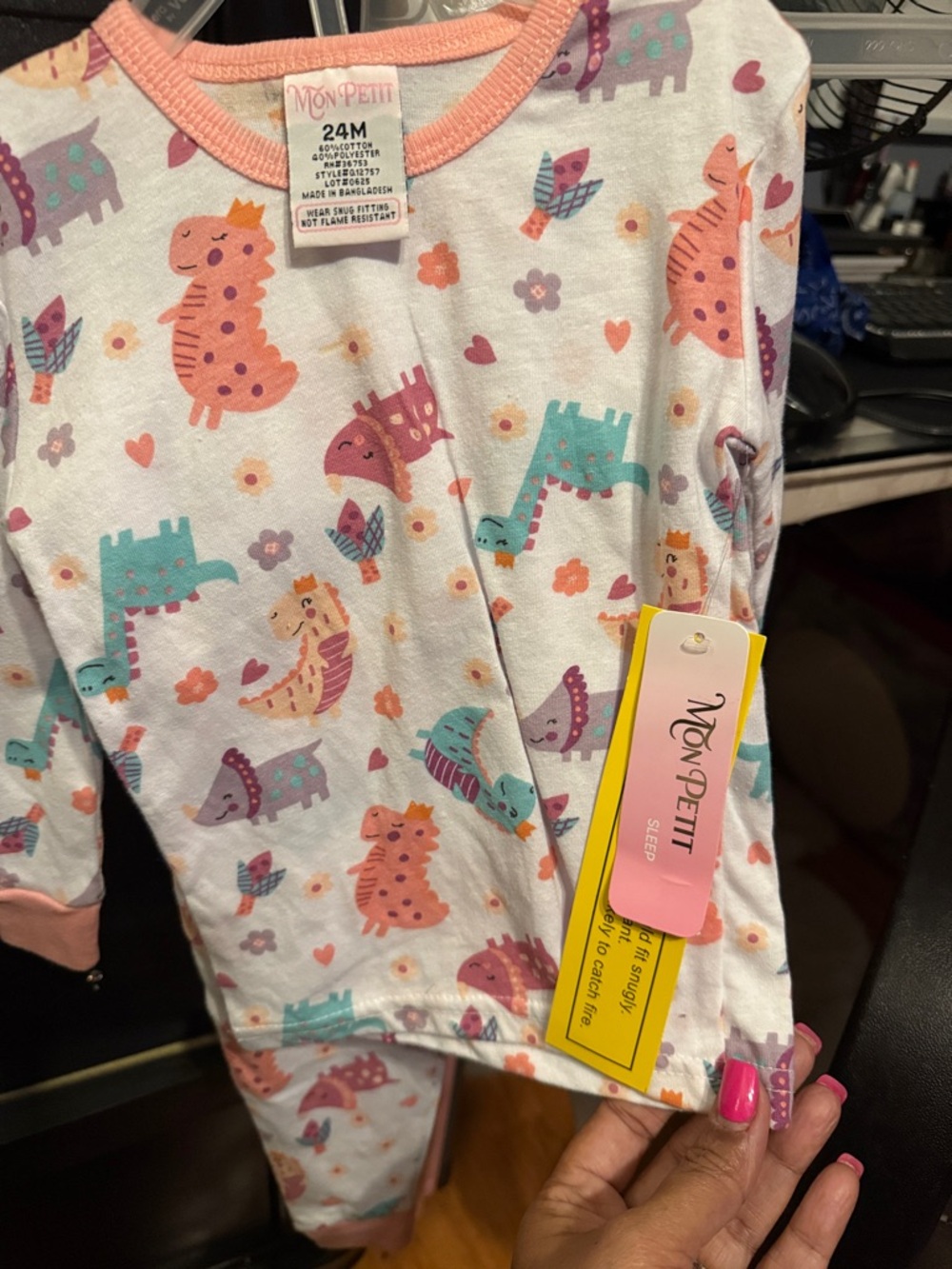Mon Petit Girls Dino Print Pajama Set in White, Pink & Teal